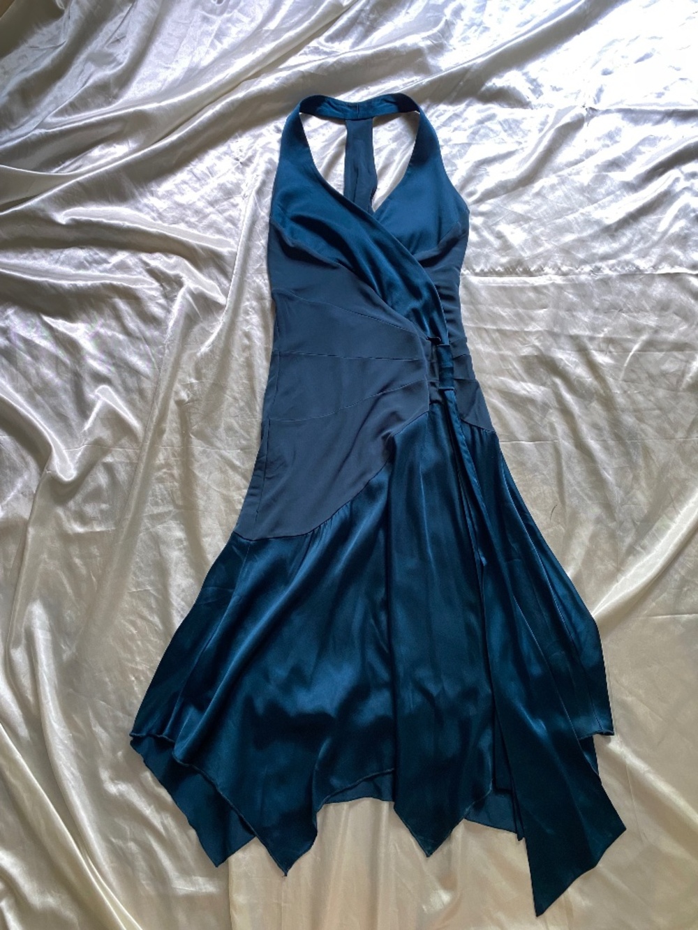 Vintage y2k Blue Teal Silk Asymmetrical Halter Party Dress Fairy XS/S